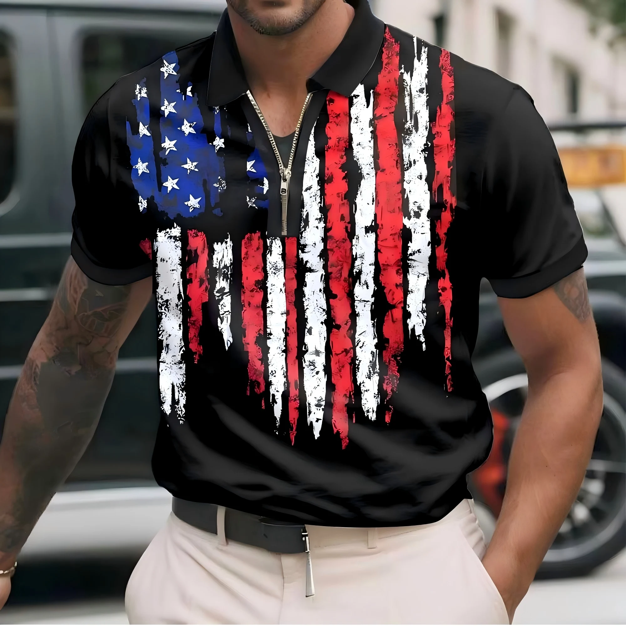 Trending Hot Sale Flag Printed Short Sleeve Polo, Men  Zip Control collar Casual Shirt, Lightweight Breathable Daily Apparel Top
