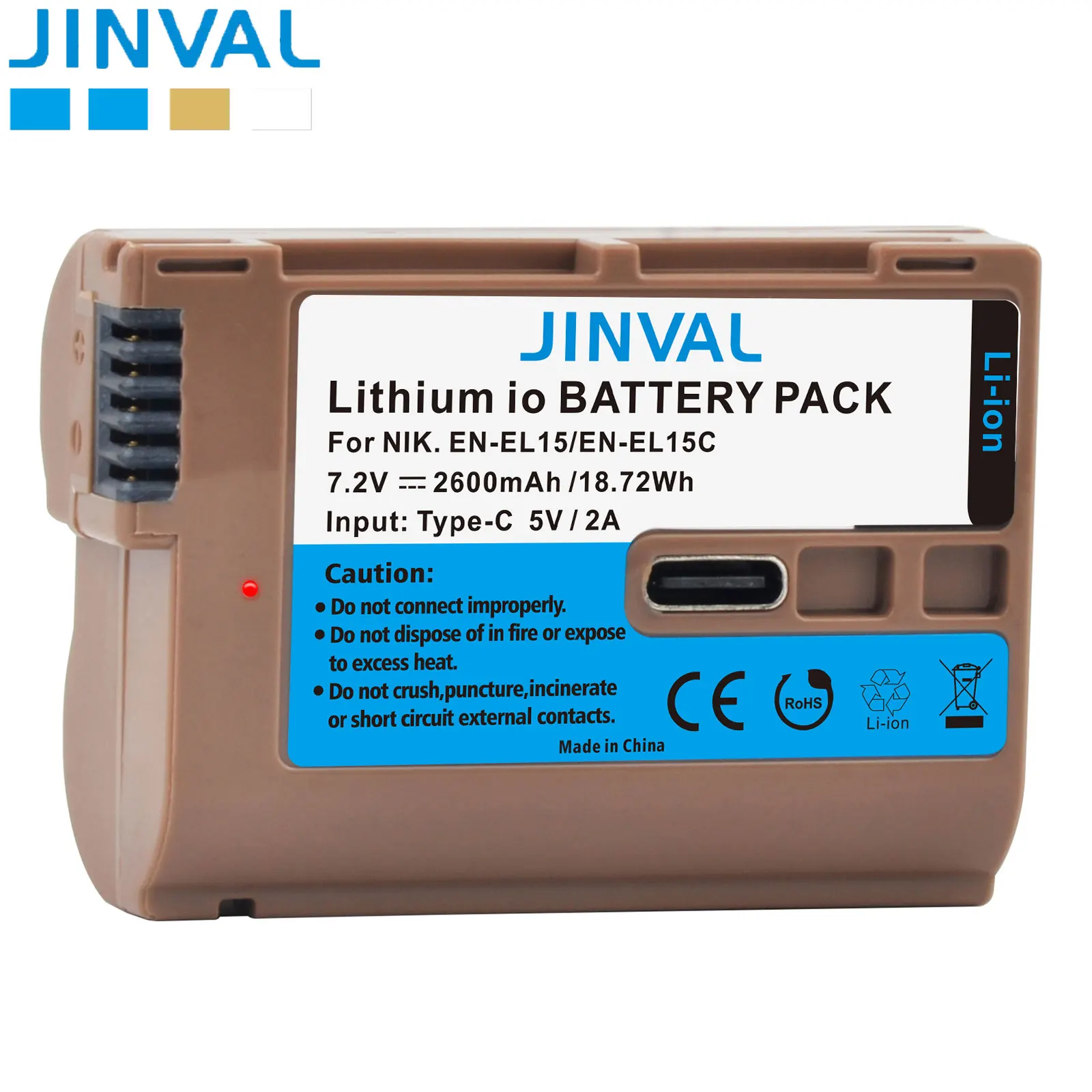 JINVAL EN-EL15C Battery 2600mAh Type-C Input ENEL15C EN-EL15 Batteries For Nikon Z5,Z6,Z6 II,Z7,Z7II,D7000,D7100,D7200,D850,D750