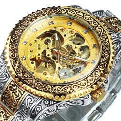 Retro Engraved Mechanical Watches Rotating Bezel Luminous Hands Automatic Watch for Men Luxury Stainless Steel Band WINNER Clock