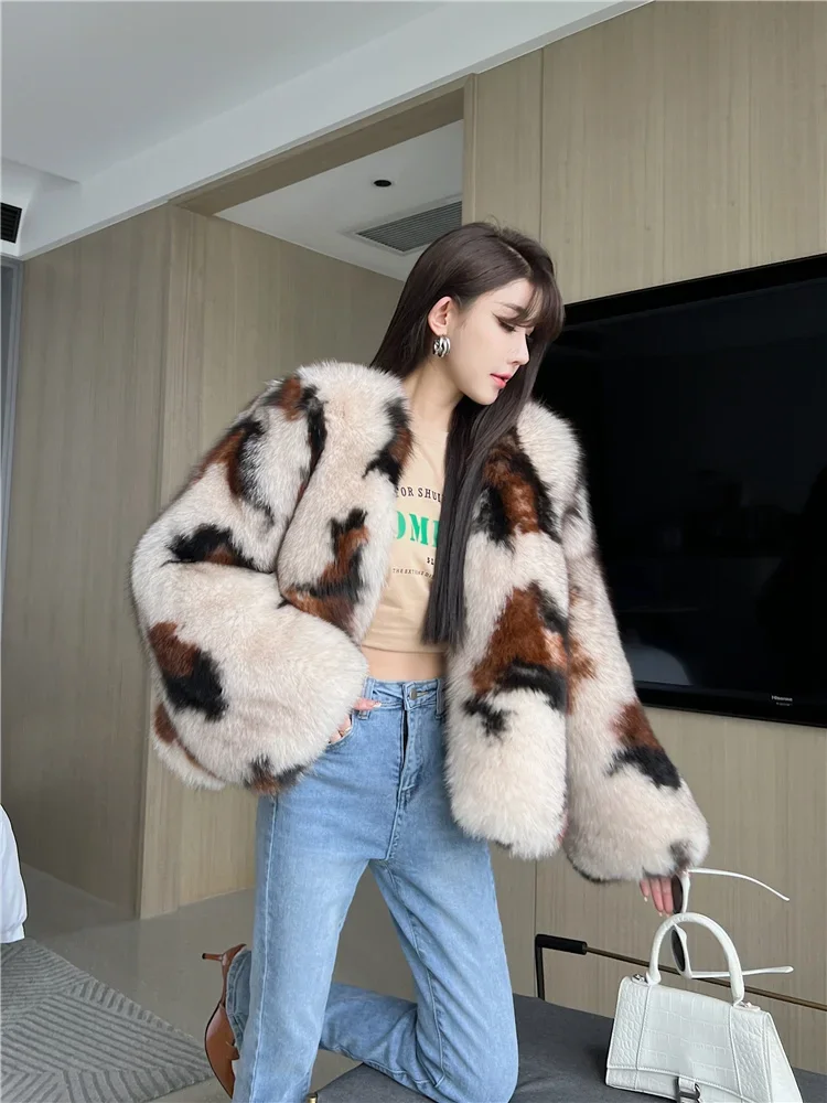 Big Leopard Imported Finnish Fox Real Fur Coat for Women Young Knitted Thick Warm Fur Sexy Club Jackets Autumn/Winter Outer Wear