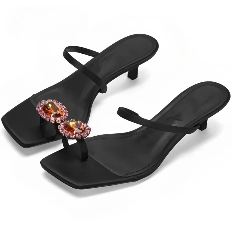 

Gemstone Kitten Heel Women Slipper Street Style Luxury Rhinestone Narrow Band Elegant Sandals Thin Low Heel Outdoor Dress Slides