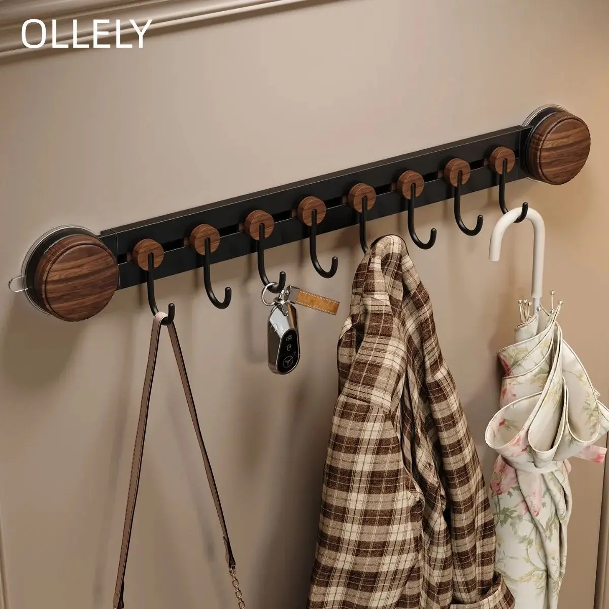 Wood Grain Adhesive Wall Hook Rack Heavy Duty 8 Hooks Black Metal Coat Hanger for Bathroom Bedroom Entryway Door Wall Mounted