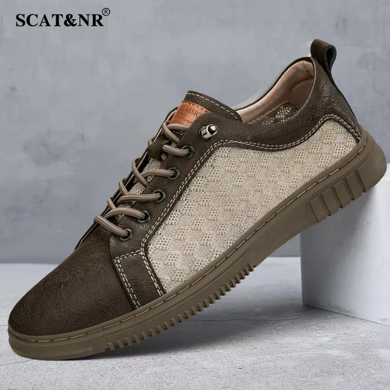 Spring/Summer Brand New Two Layer Cowhide Breathable Mesh Panel Shoes Fashionable Lace Up Low Men'S Shoes Designer