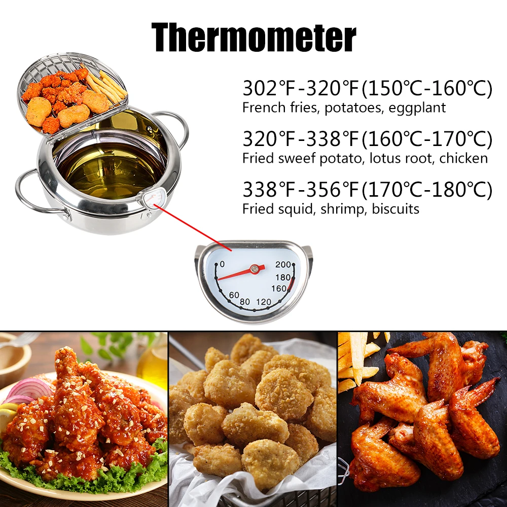 Cooking Tool 2 Handles Deep Frying Pot 304 Stainless Steel With Thermometer and Lid 2.2L Tempura Fryer Pan