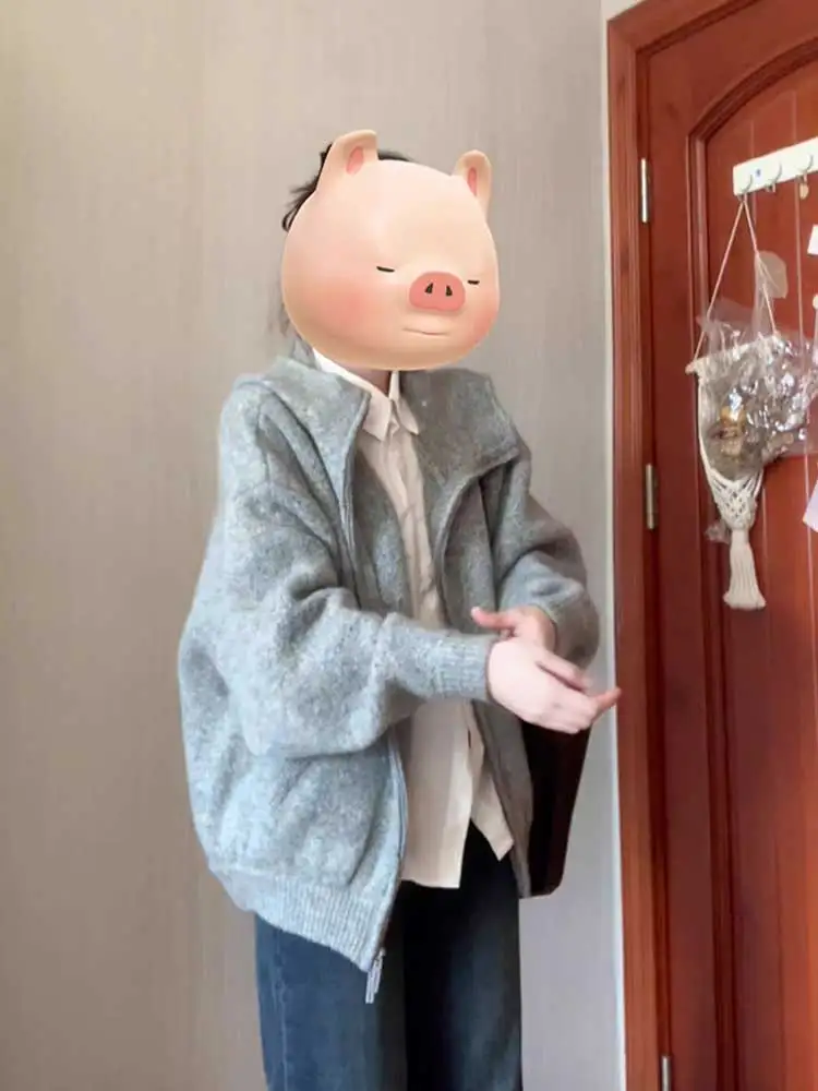 

ay Knitted Sweater Jaet Women's Autumn Winter Korean Sle Lazy Faion Loose Fit Long Sve Anti-Wrinkle Zipper Closure