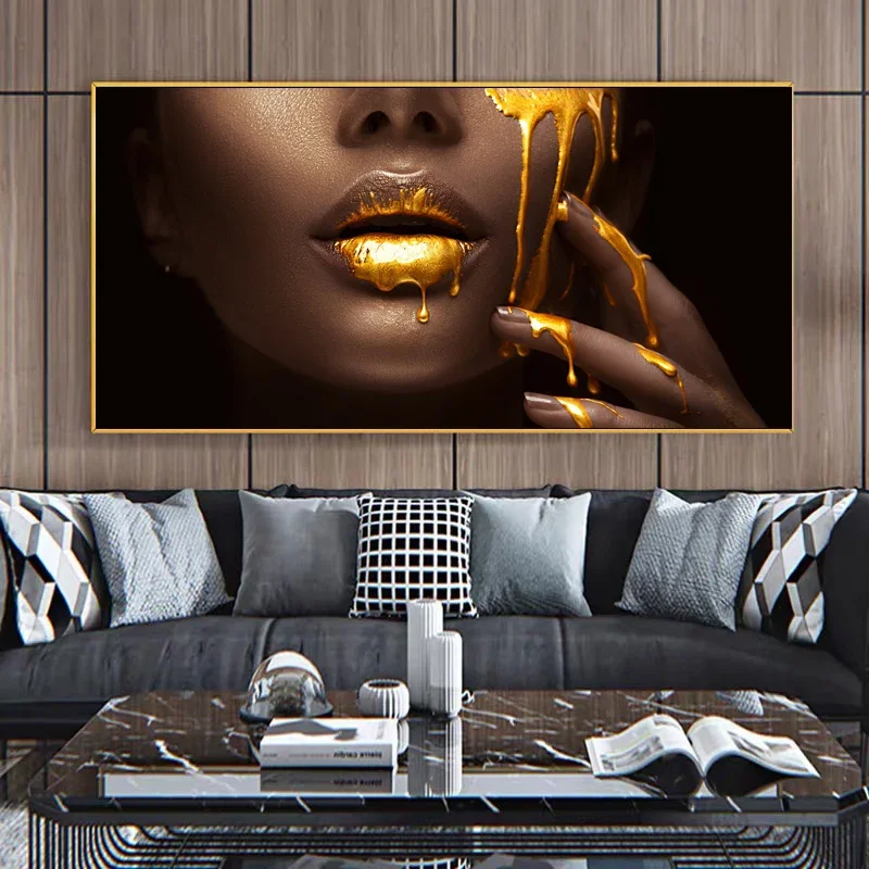 HD قماش ملصق طباعة للديكور المنزل ، جدار الفن ، الشفاه الذهبية ، مثير امرأة صورة ، الاسكندنافية ، الموضة الكلاسيكية ، غرفة نوم ، غرفة المعيشة