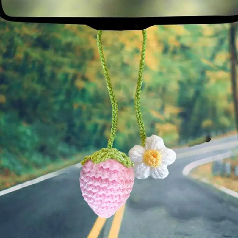 Crochet Strawberry Cute DIY Wool Knitting Car Rear Mirror Charm Car Rear View Mirror Accessories Fruit Pendant For Women And