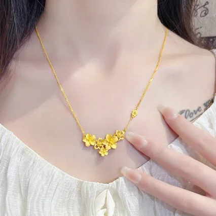 24K pure gold necklace fashionable temperament hollow flower clavicle chain AU999 real gold flower pendant ladies 45cm