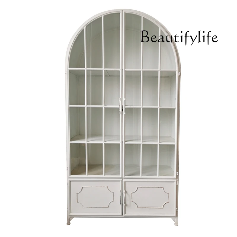 

French American retro country glass door opening dining side locker storage display bookcase wine cabinet