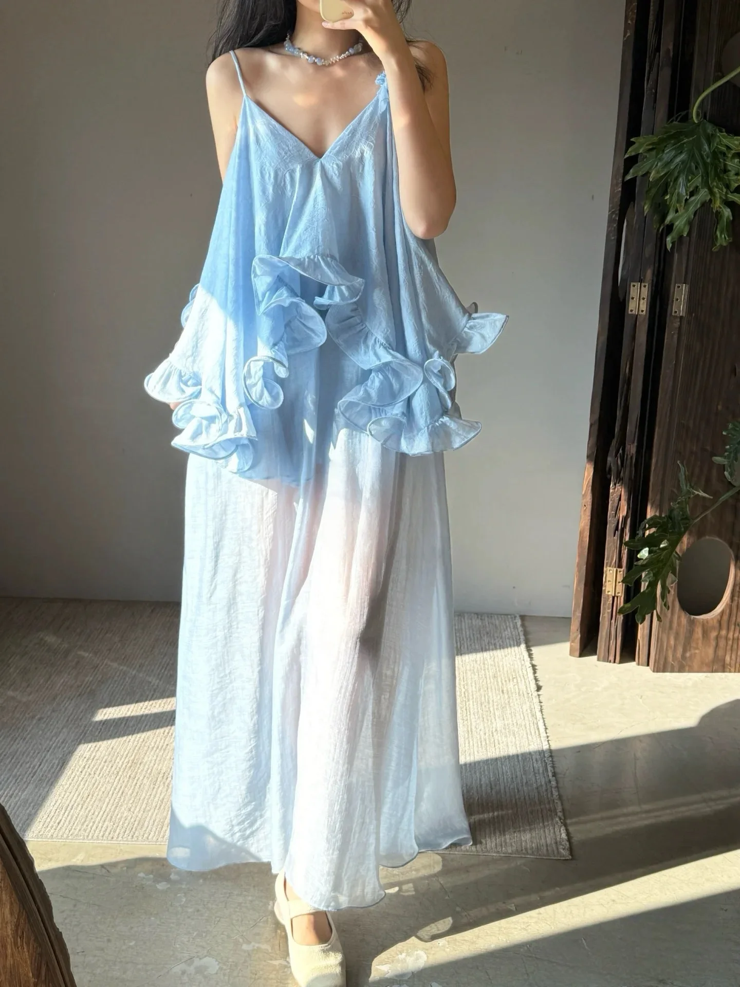 Women Flower Jacquard Sling Tops Ruffles Stitching Hem V-Neck Sleeveless Holiday Female Camisole