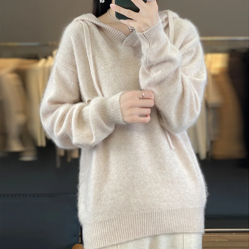 

Autumn And Winter New Wool Women's Hooded Knitted Loose Sweater Casual Bottoming Plus Size Wool Hoodie