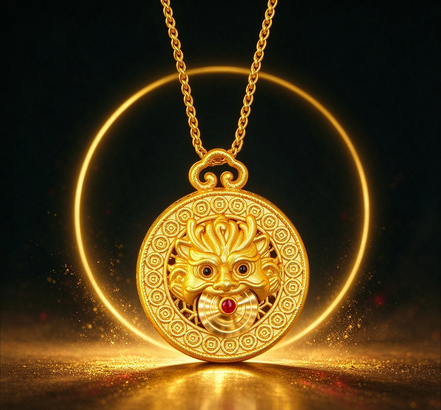 9999 gold diamond-encrusted mythical beast pendant women's retro-style fashionable hollowed-out round necklace