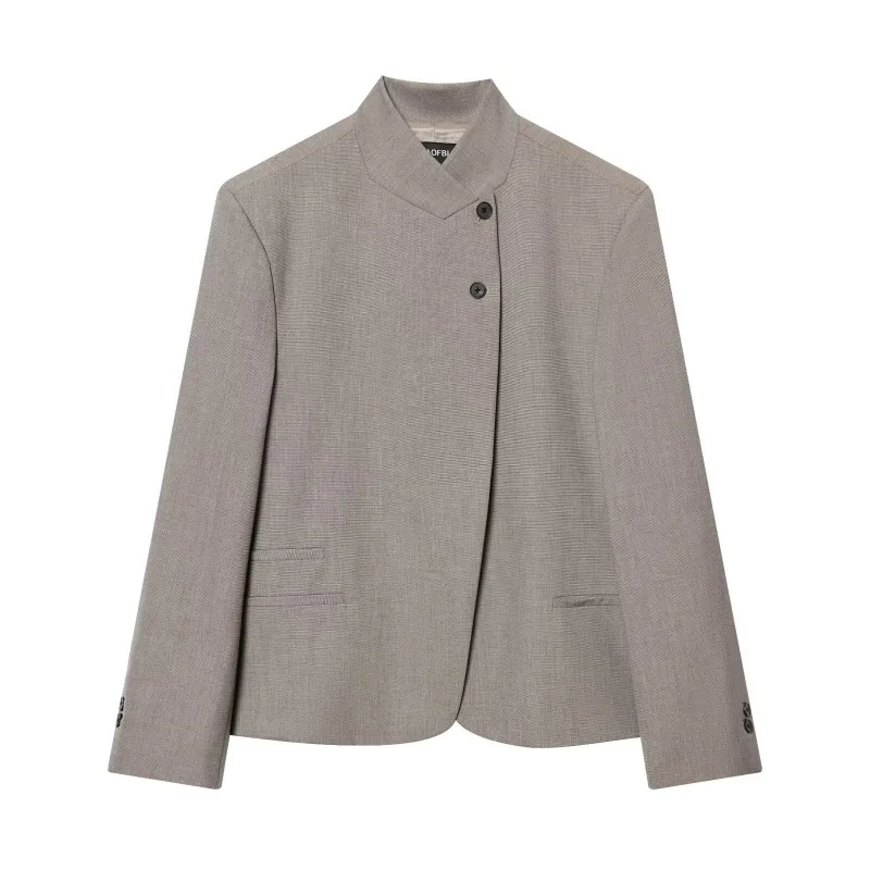 Women's Stand Collar Blazer Jacket Asymmetrical Button Long Sleeve Cropped Suit Coat Casual Office Workwear Outerwear for Ladies