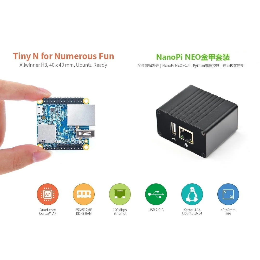 Nanopi NEO LTS พร้อมเคสโลหะ CNC ฮีทซิงค์256M/512M RAM ALLWINNER H3 Quad Cortex-A7 1.2GHz,OpenWRT,Ubuntu Linux armbian dietpi