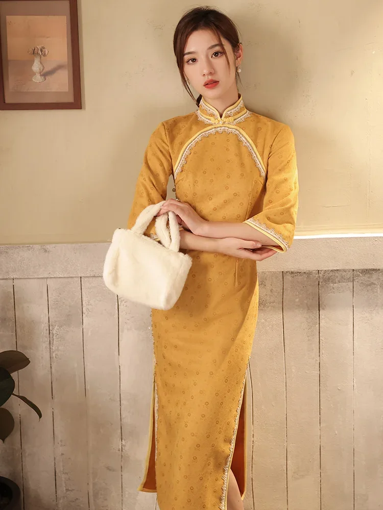 

Yellow Qipao Slim Modern New Improve Chinese Dress Women Vintage Fashion Ethnic Style Traditional Harajuku Female New Cheongsam