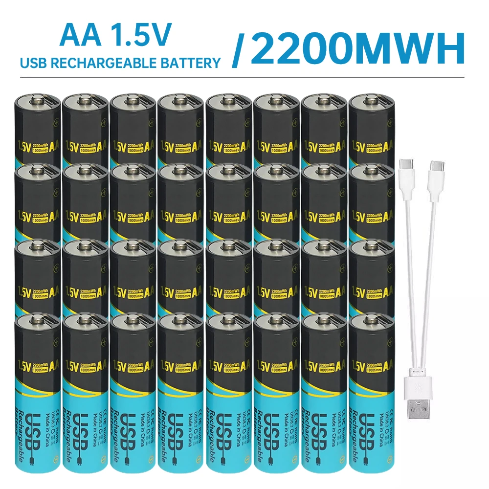 

Skywolfeye 32pcs Rechargeable 2 in 1 Usb Type C AA 2200mWh Battery for Led Flashlight Remote Controls