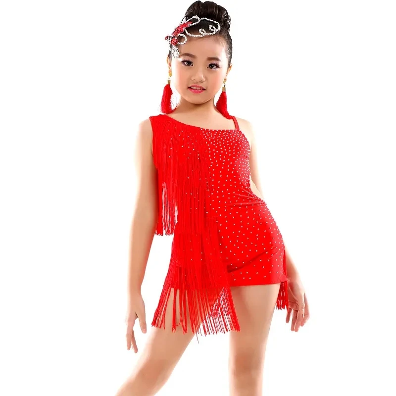 8-14 Years Children Dance Dress One Piece Kids Latin Dance Girls Fringe Dress Ballroom Latin Dress for Girls