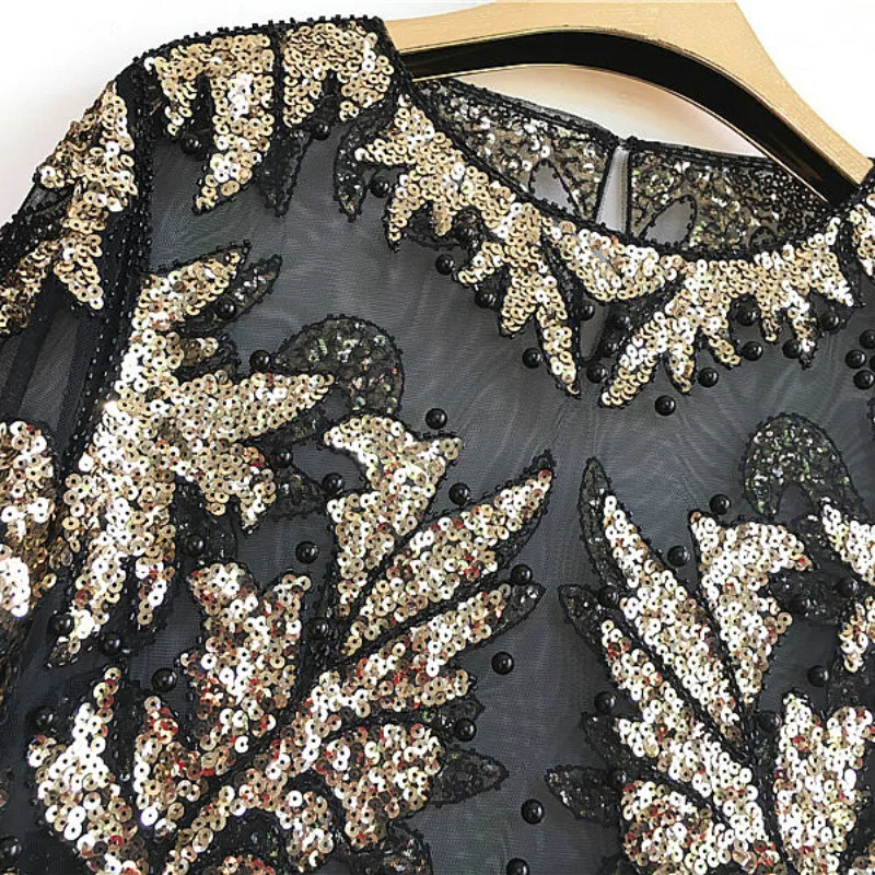 Sexy Sequined embroidery Rose Flower Shirt shiny Transparent gauze Heavy Beading Blouses blusa camisa luxury party club Tops