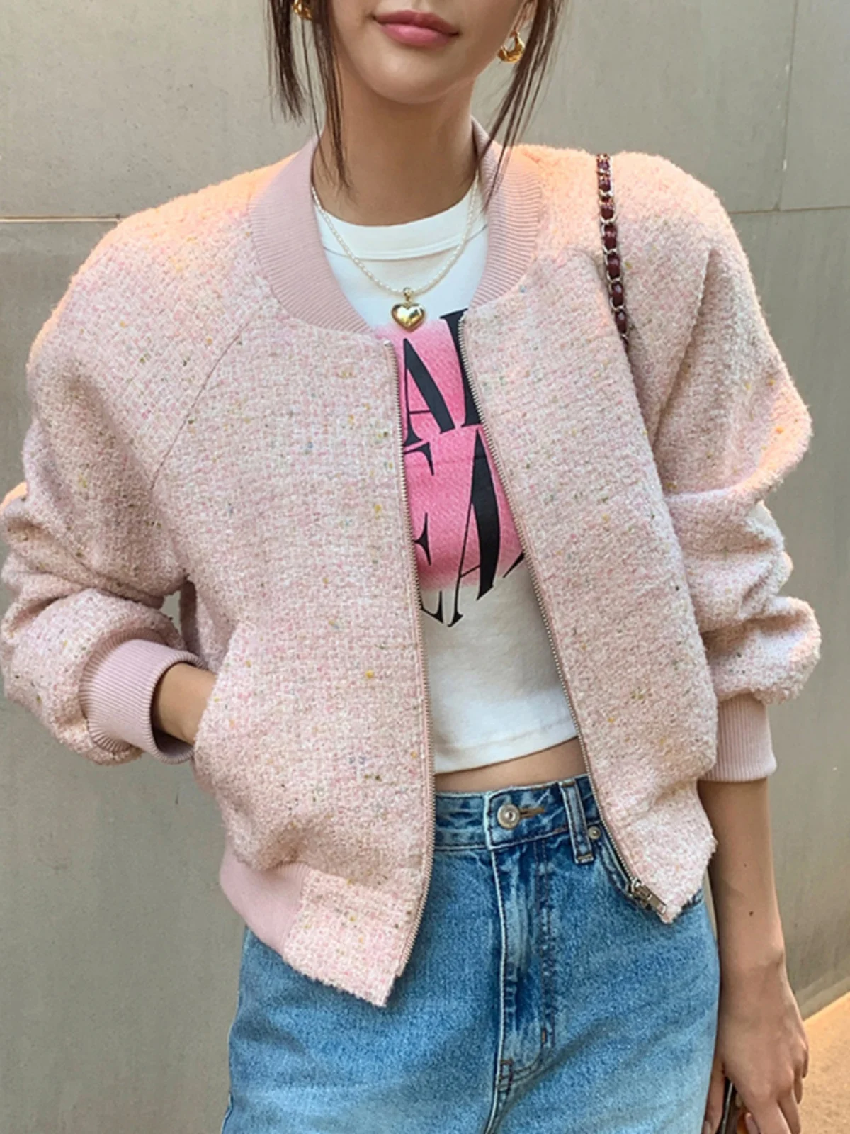 

Clothland Women Elegant Tweed Zipper Jacket Long Sleeve Bomber Coat Pink Navy Outwear Casual Tops Mujer CB085