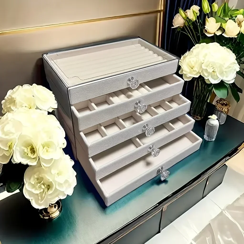 5Tier Dust-Proof Acrylic Jewelry Organizer Box, Elegant Modern Rectangular Tabletop Display Case  jewelry boxes and packaging