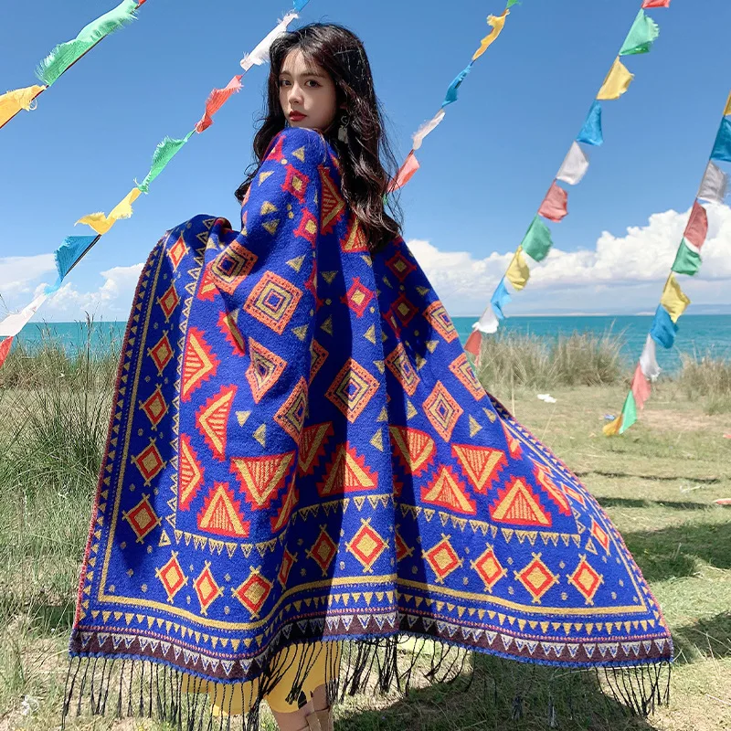 

Женский осенне-зимний шарф для путешествий и фотосессий на озере Цинхай, в этническом стиле, большой размер, однотонный, теплый, S