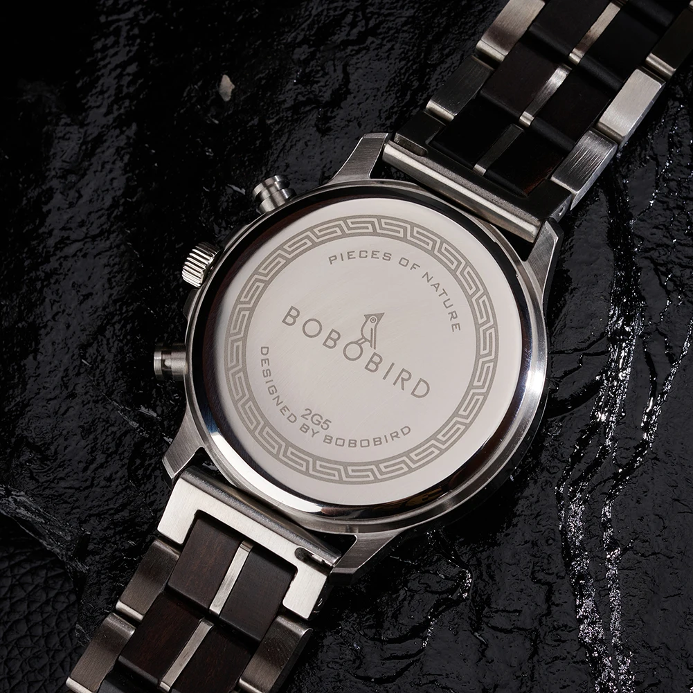 ﻿   BOBO BIRD Jam Tangan Pria Kayu Ebony & Baja Tahan Karat Jam Tangan Gerakan Kuarsa Kasual Bisnis Hadiah Nama Kustom Untuk Keluarga
