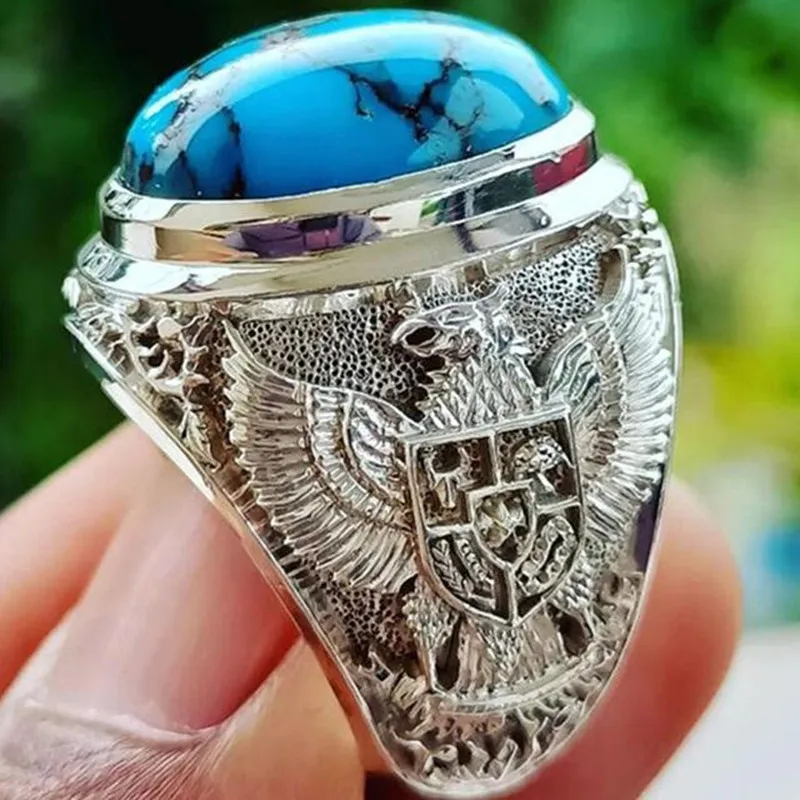 Vintage Natural Turquoise Stone Double Eagles Carving Rings for Men White Gold Filled Sterling Silver 925 Finger Bands Accessory