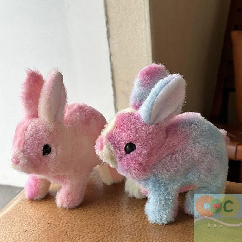 Unidade única, brinquedo de pelúcia de coelho elétrico com orelhas de sinuca, coelho arco-íris, presente de aniversário, faz ruído