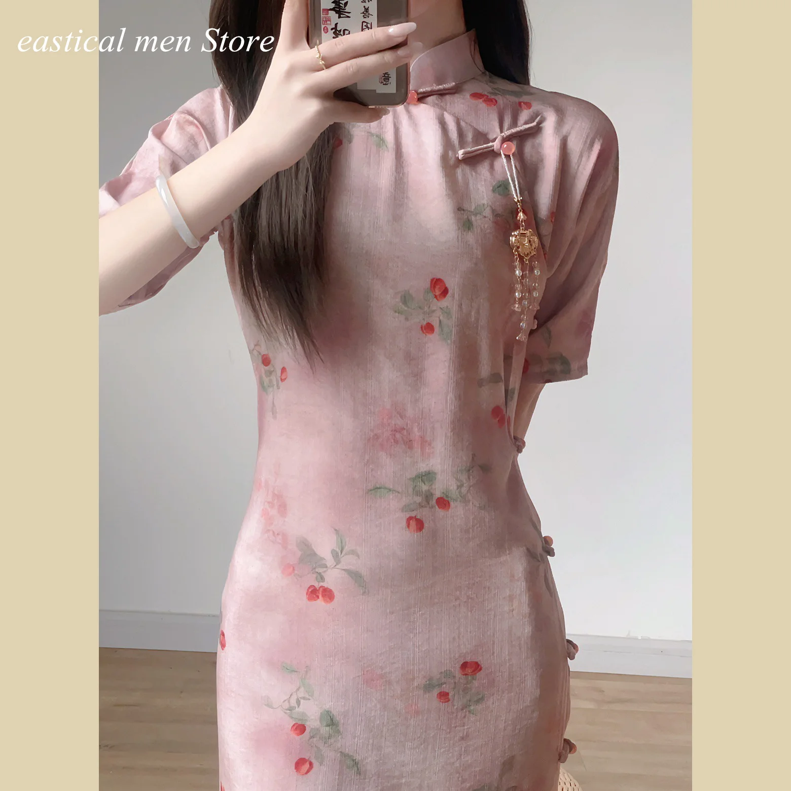 

Pink Cheongsam New Chinese Style Dresses Women Elegant Qipao Print Flower Vestidos 2024 New Spring Summer Cheongsams Costume