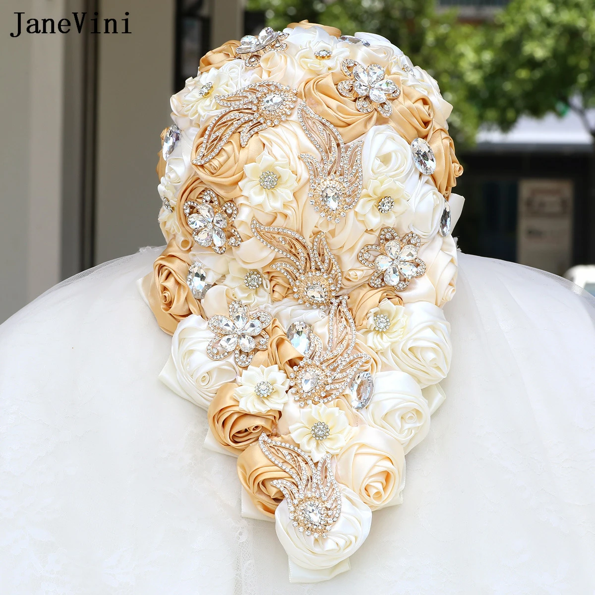 JaneVini Light Khaki Waterfall Bridal Bouquets Bling Gold Rhinestone Artificial Satin Roses Cascade Bride Flower Wedding Bouquet