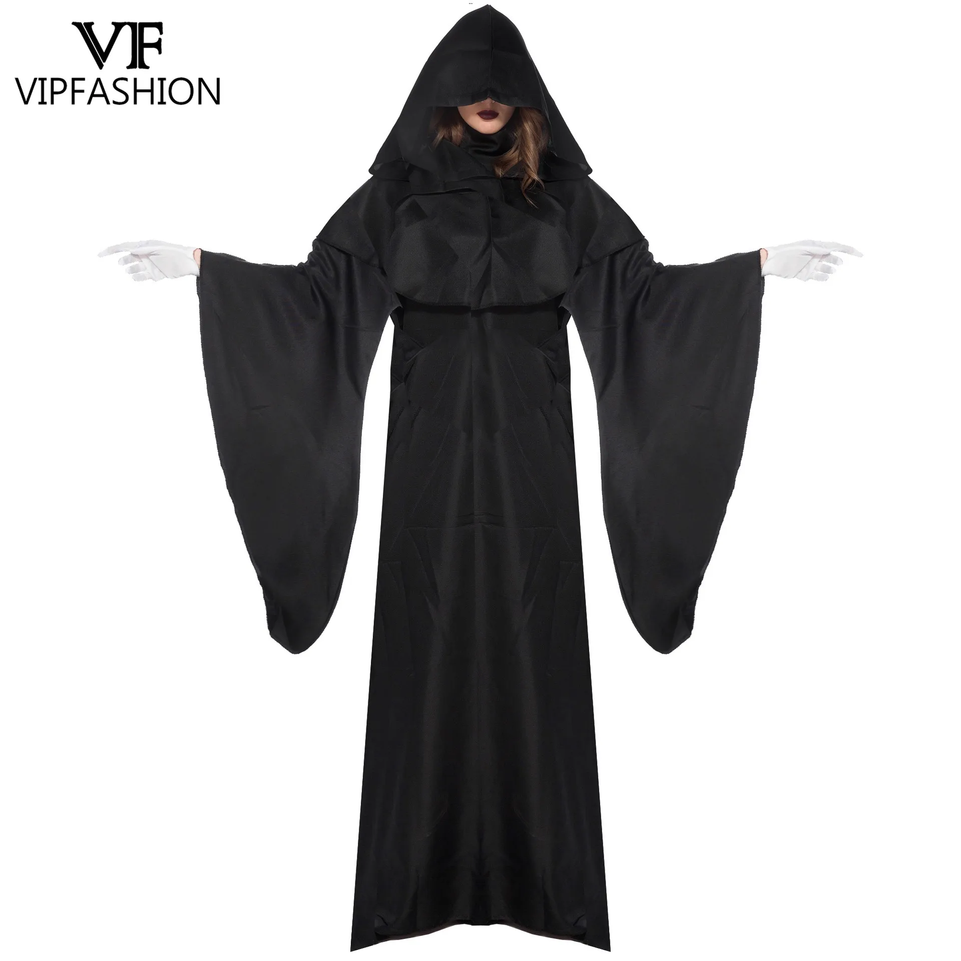 

VIP FASHION Halloween Hooded Black Robe Costume Grim Reaper Cosplay Costume Wizard Party Dress Up Masquerade Witch Outfit