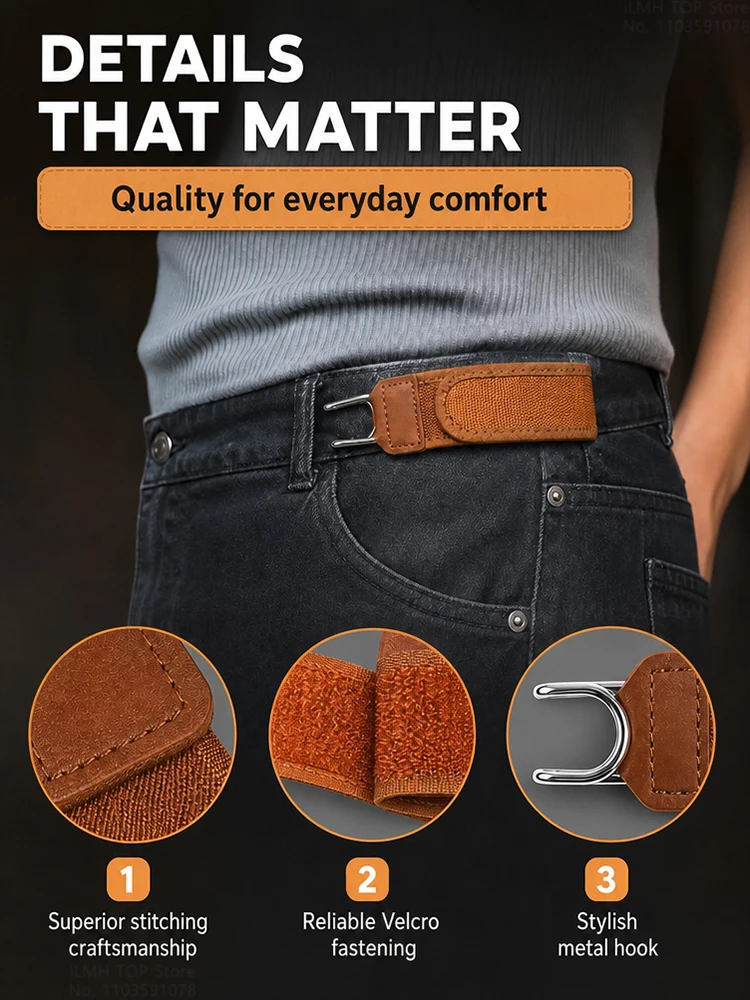 iLMH Adjustable No-Buckle Elastic Belt for Men & Women Invisible Metal Hook Side Belt Comfort Stretch Waistband for 1.5" Loops