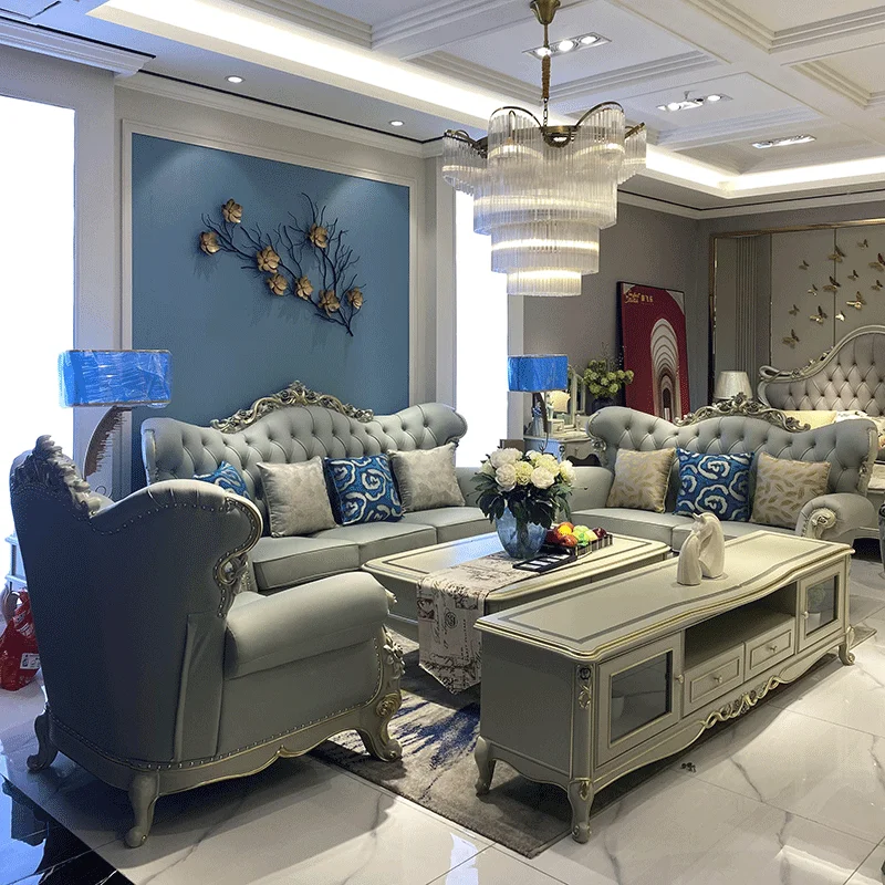 

Европейский кожаный диван из цельного дерева, роскошный 123, комбинация для средней и маленькой квартиры, гостиной, виллы, синяя мебель Тиффани