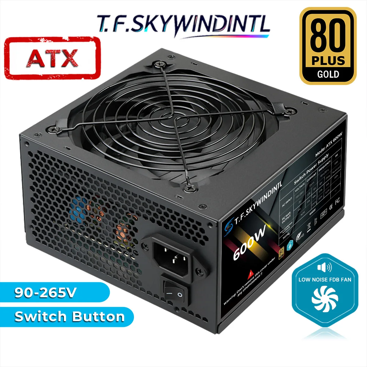 600W ATX Power Supply 80PLUS Gold  PC PSU Non Modular Gaming PSU Full Voltage 90-265V  20+4PIN Computer Power Supplies