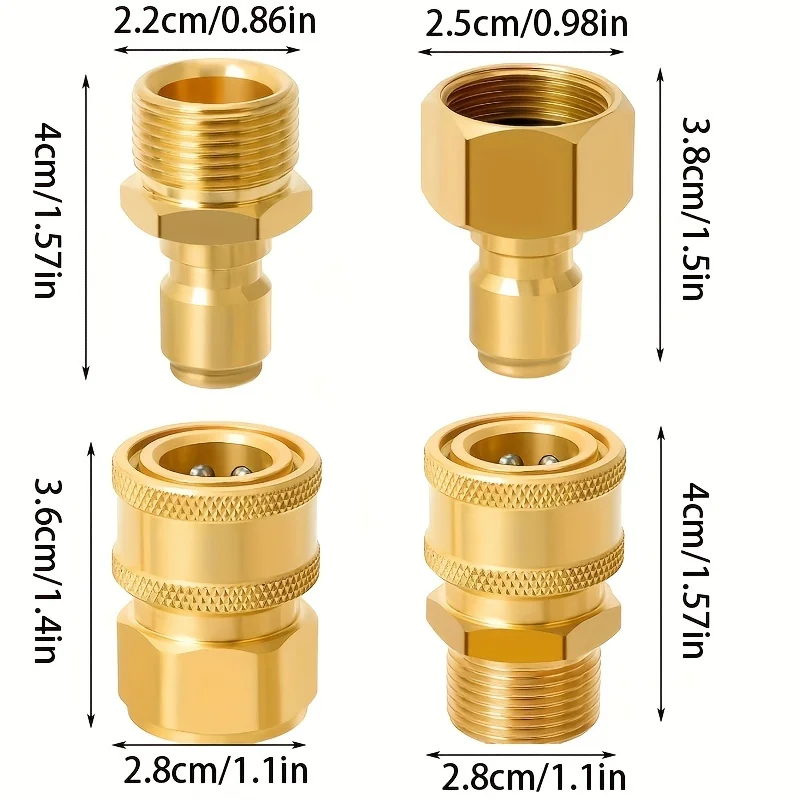 4-Pc High-Pressure Quick Disconnect Adapters, M22-15mm to 3/8