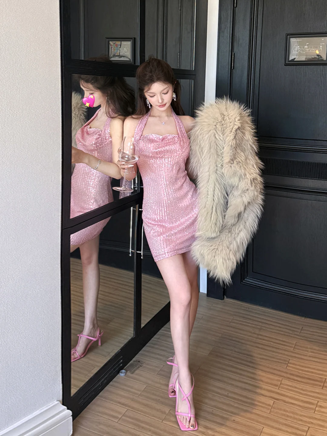 

Pure Desire Sexy Pink Sequin Dr Women's Spicy Bal Bodycon ort Skirt Hanging Ne Strapl Butt Covering Dr