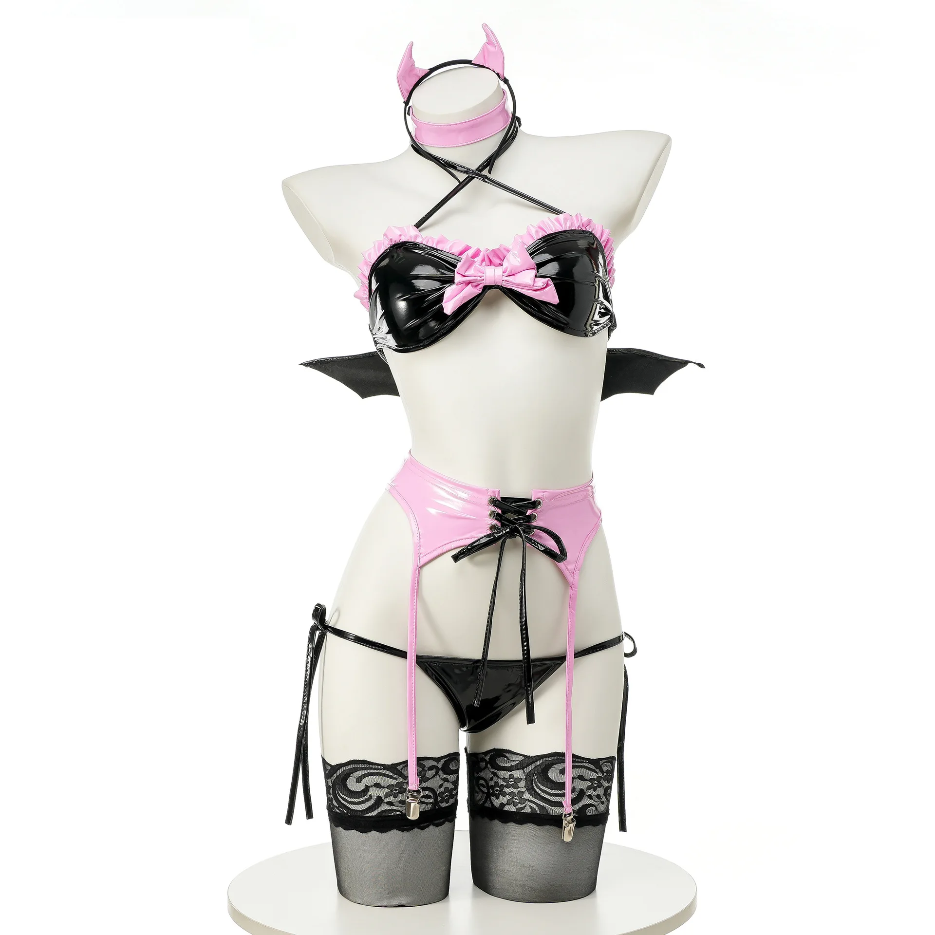 

Sexy Hell Rider Succubus Lingerie Role Play Outfits Amine Demon Set Halloween Cosplay Costume Faux Leather Hollow Dark Underwear