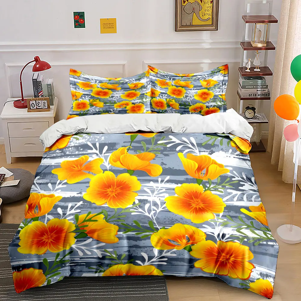 

Yellow flowers on gray background Print Bedding Set 1 Duvet Cover 2 Pillowcases for Adult and Children Luxury Gift Full Size