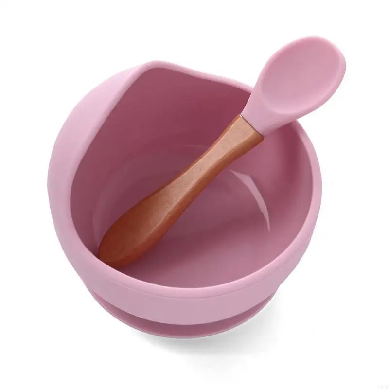 

E06F 2 Pcs BPA Silicone Waterproof Baby Suction Cup Base Bowl Training Spoon Set