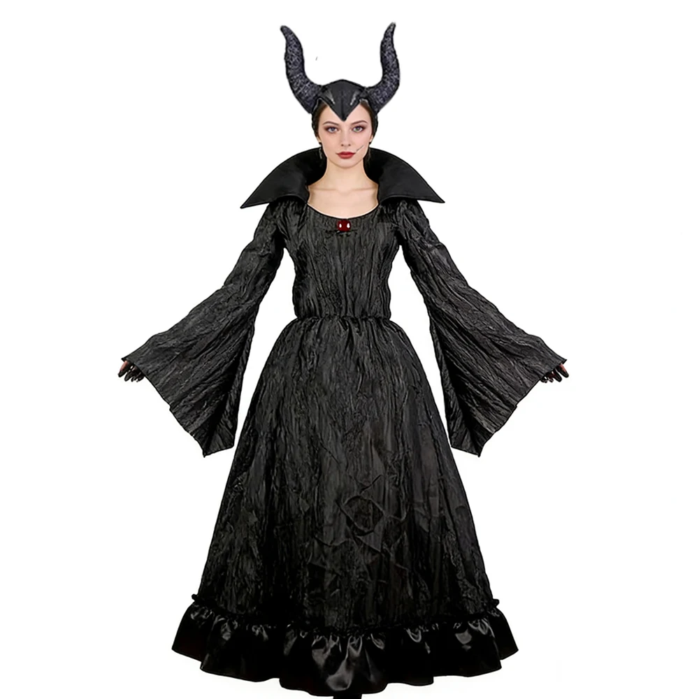 Schwarzes Hexenkostüm Maleficent Schwarzer Teufel Rollenspiel-Outfit Cosplay Spezialkleidung Halloween-Party Show-Kostüm für Frauen