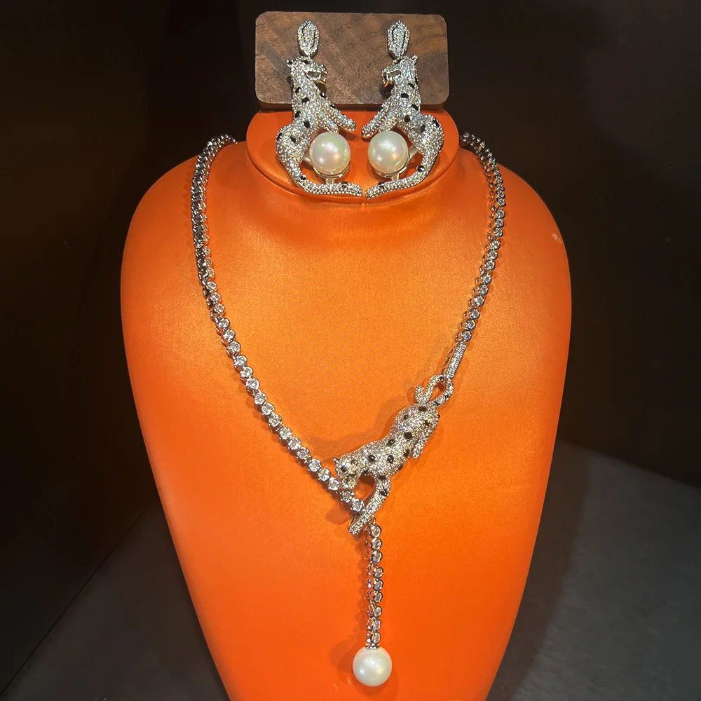 

Women Cheetah Adjustable Full Zirconia Earrings Necklace Jewelry Set 2025