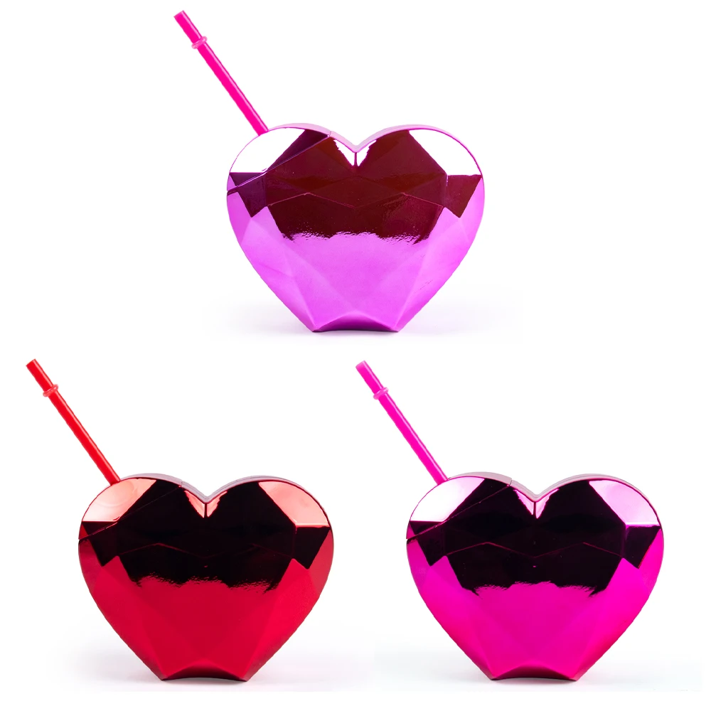 1pcs Red Pink Heart Shaped Plastic Straw Cup Water Bottle Valentine\'s day gift Disco Cup Wedding Bachelorette party supplies
