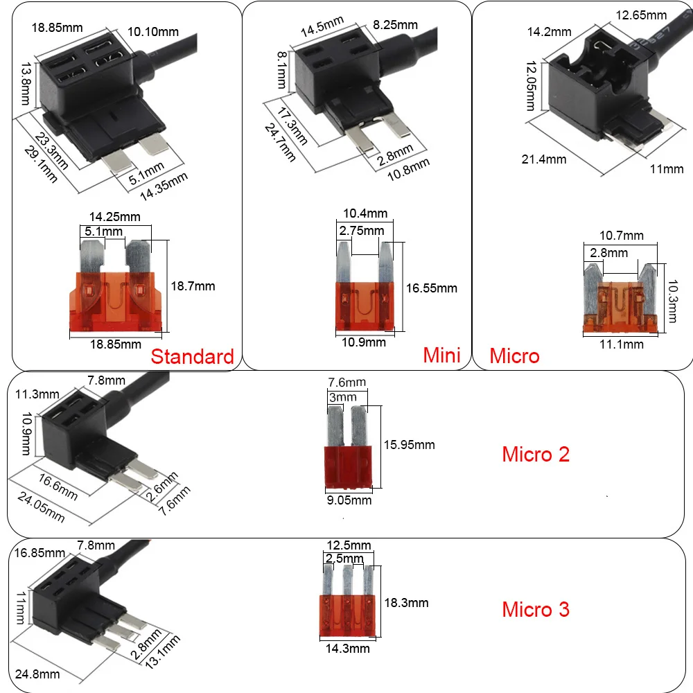 12V MINI SMALL MEDIUM Size Car Fuse Holder Add-a-circuit TAP Adapter with 10A Micro Mini Standard ATM Blade Fuse