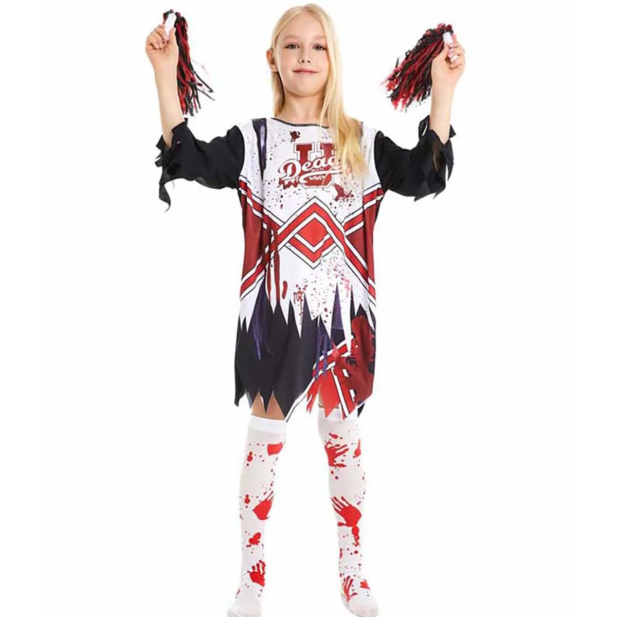 Halloween Kostuum Middelbare School Meisjes Kids Outfit Full Set Kid Zombie Cheerleader Kostuum Met Pom-Poms Sok