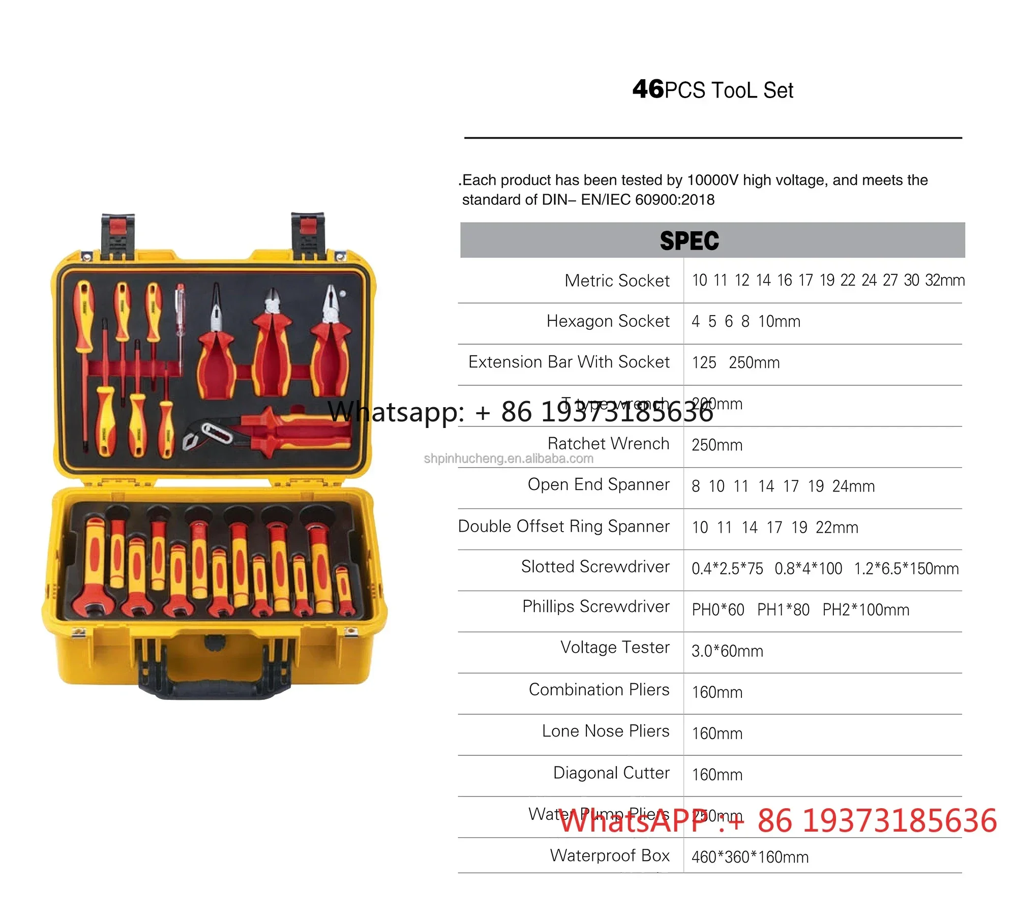46 Buah Alat Perbaikan Mobil Kunci Pas T Terisolasi VDE 1000V Setelan Kotak Alat Soket Kunci Pas Ujung Terbuka