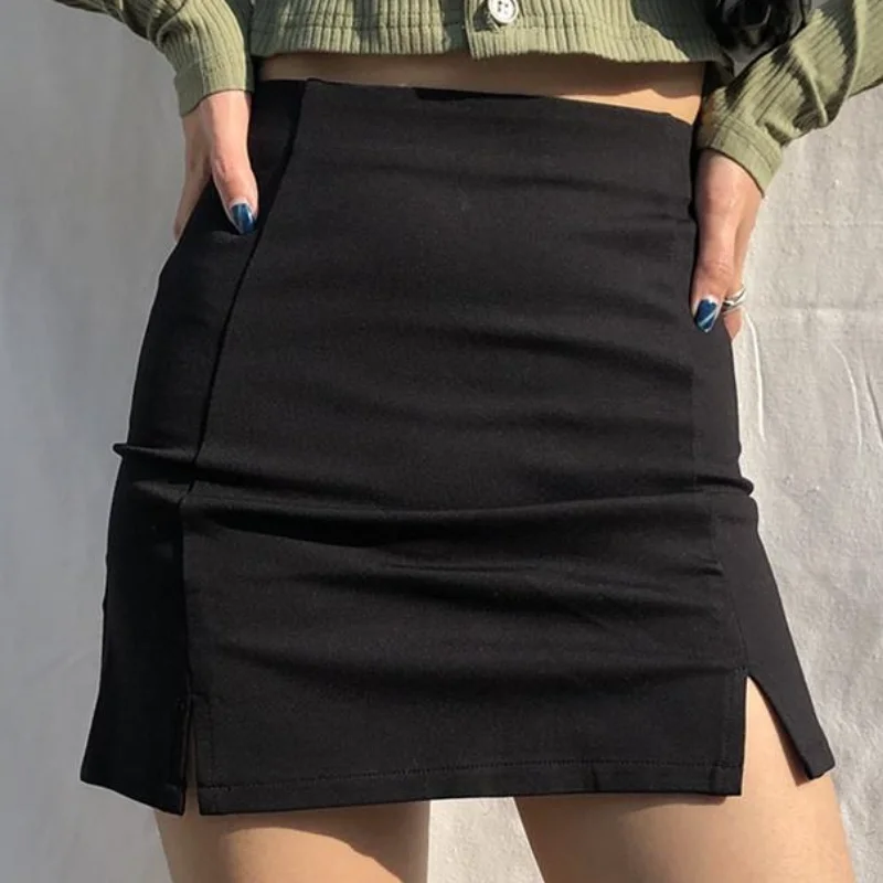 Faldas ajustadas con cremallera para mujer, ropa con abertura, envoltura negra, Mini Falda corta estética Vintage, ropa de calle informal, tendencia