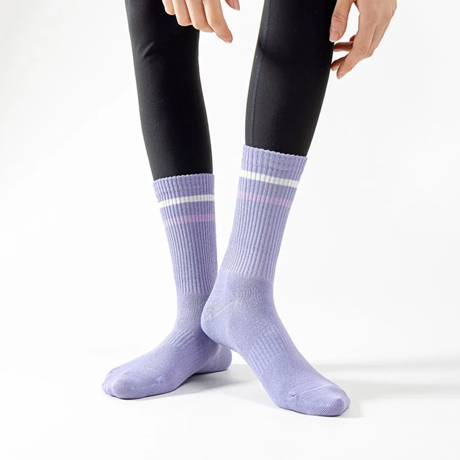 

6Pairs Women's Yoga Pilates 92% Pure Cotton Socks Cute Floor Socks Breathable Double Stripe Middle Tube Sport Socks