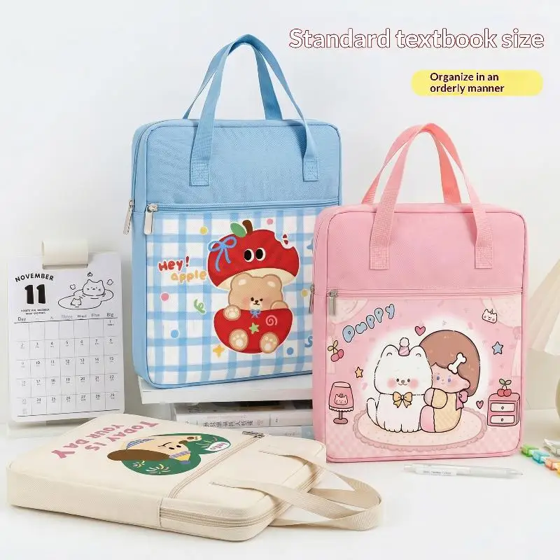 Cute Vintage Print Tote Bag Large Capacity Sturdy Handheld Folder for Student Books Homework Office File Organization
