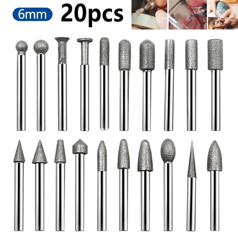 

Diamond Grinding Head 20pcs 6mm Shank Grinding Needle Emery Grinding Rod For Dremel Rotary Tool Grinding Accessories