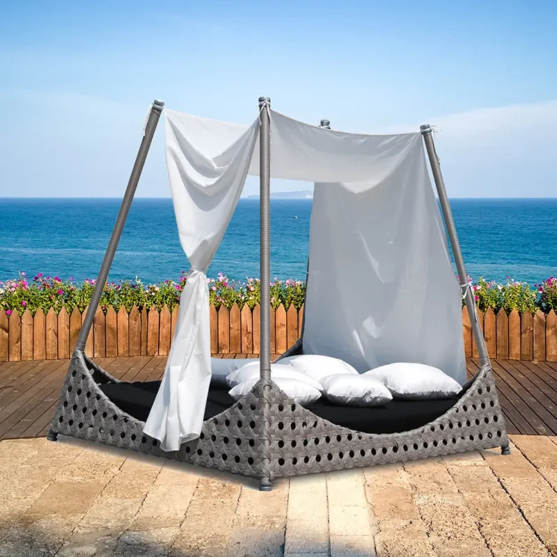 Outdoor Rattan Lounge Chair Double Sunbathing Beach Bed for Couple Hotel Swimming Pool Seaside Leisure Furniture